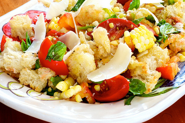 Garlicky Bread Salad with Heirloom Tomatoes and Sweet Corn