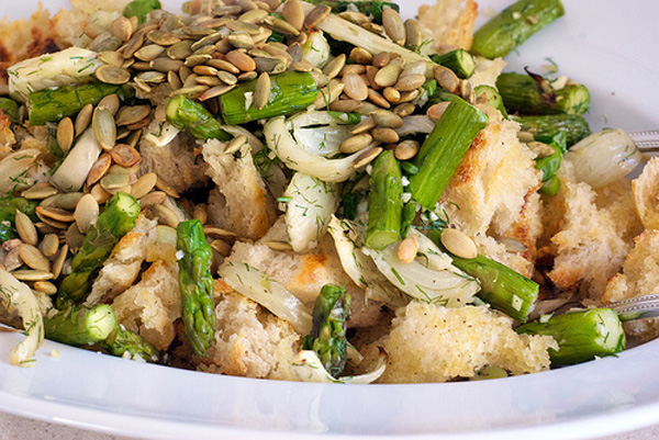 Grilled Chicken Bread Salad with Asparagus and Fennel